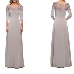 EUC La‎ Femme Embroidered Illusion Neck Gown Full Length Dress Silver size 6